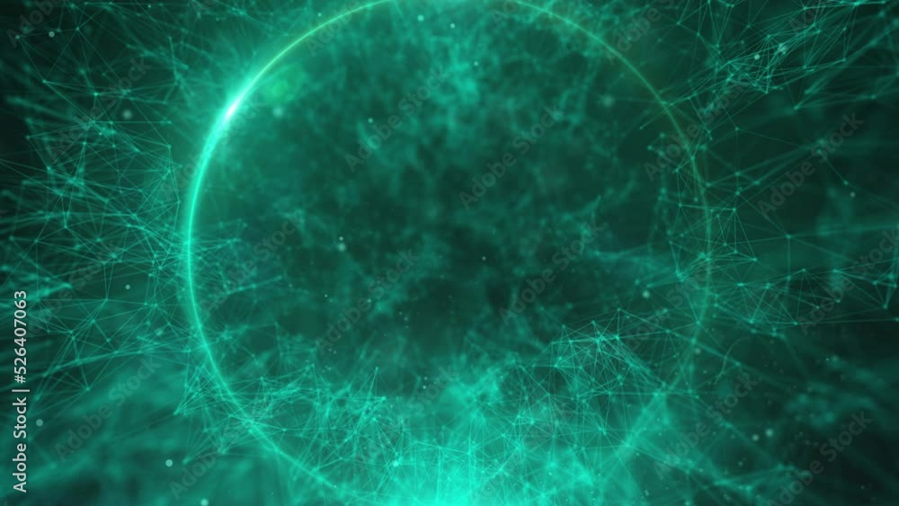Fototapete Abstract data technology plexus moving 4K motion loop. Green ring flare flickering in galaxy concept. Low poly futuristic background.