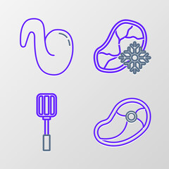 Set line Steak meat, Spatula, Fresh frozen steak and Fried chicken wing icon. Vector