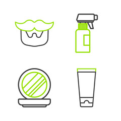 Set line Cream or lotion cosmetic tube, Makeup powder with mirror, Hairdresser pistol spray bottle and Mustache and beard icon. Vector