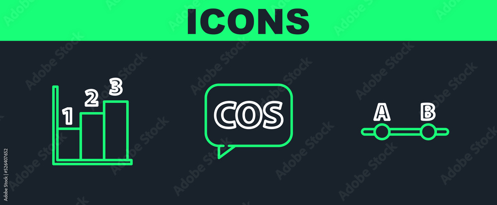 Poster set line graph, schedule, chart, diagram, and mathematics function cosine icon. vector