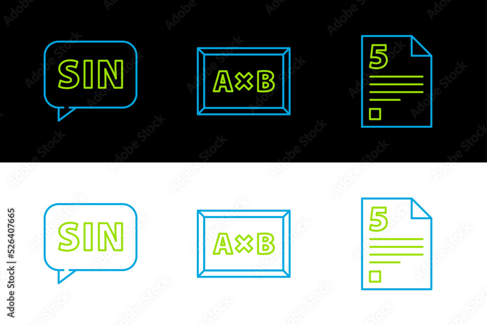Poster set line test or exam sheet, mathematics function sine and chalkboard icon. vector