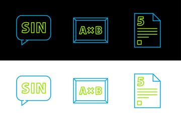 Set line Test or exam sheet, Mathematics function sine and Chalkboard icon. Vector