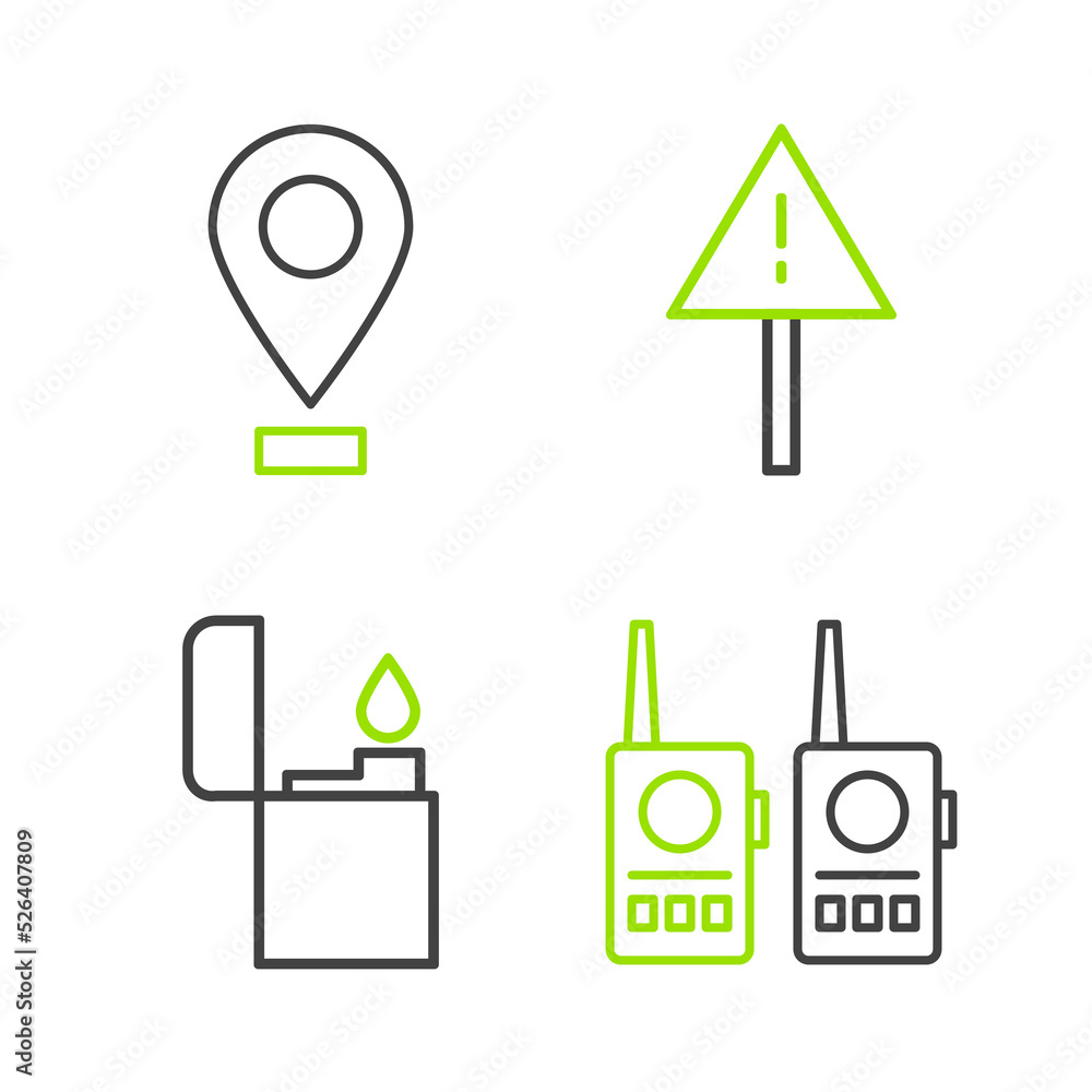 Poster set line walkie talkie, lighter, exclamation mark in triangle and location icon. vector