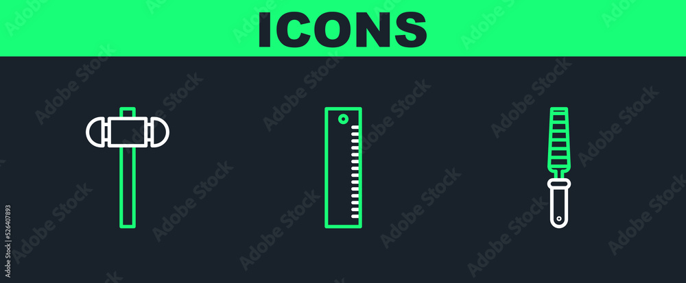 Poster set line chisel tool for wood, sledgehammer and ruler icon. vector