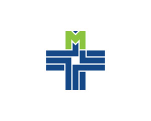 Letter M Cross Plus Logo Concept sign icon symbol Design. Medical, Health Care Logotype. Vector illustration template