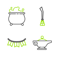 Set line Magic lamp or Aladdin, Carnival garland with flags, Witches broom and cauldron icon. Vector