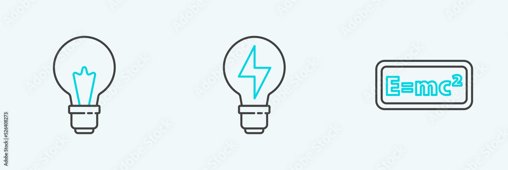 Poster set line equation solution, light bulb with concept of idea and lightning icon. vector