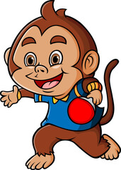 The monkey is playing the tennis table and hitting the ball