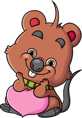 The happy quokka is sitting and holding the love balloon