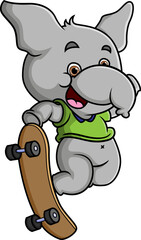 The cool elephant is playing a skateboard with trick