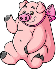 The big pig is sitting and wearing a ribbon while greeting