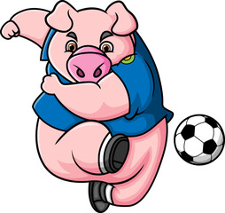 The brave pig is playing football and kicking the ball hardly