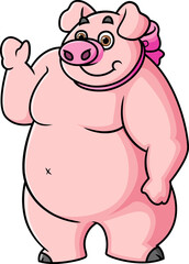 The large pig is standing and waving hand while smiling to others