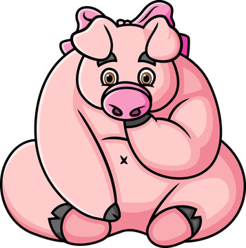 The good pig is sitting and feeling so worry while wearing ribbon