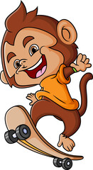 The monkey is playing a skateboard and doing some tricks