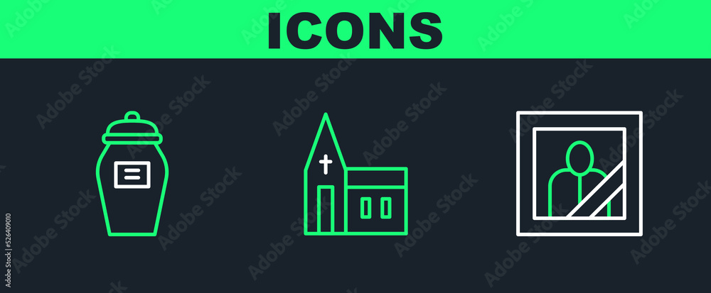 Wall mural set line mourning photo frame, funeral and church building icon. vector