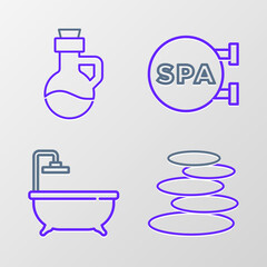 Set line Stack hot stones, Bathtub, Spa salon and Essential oil bottle icon. Vector