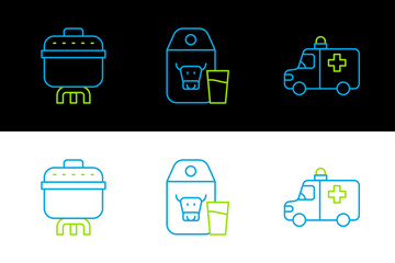 Set line Ambulance and emergency car, Cooking pot and Paper package for milk icon. Vector