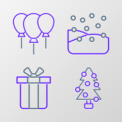 Set line Christmas tree, Gift box, Snowfall and Balloons with ribbon icon. Vector