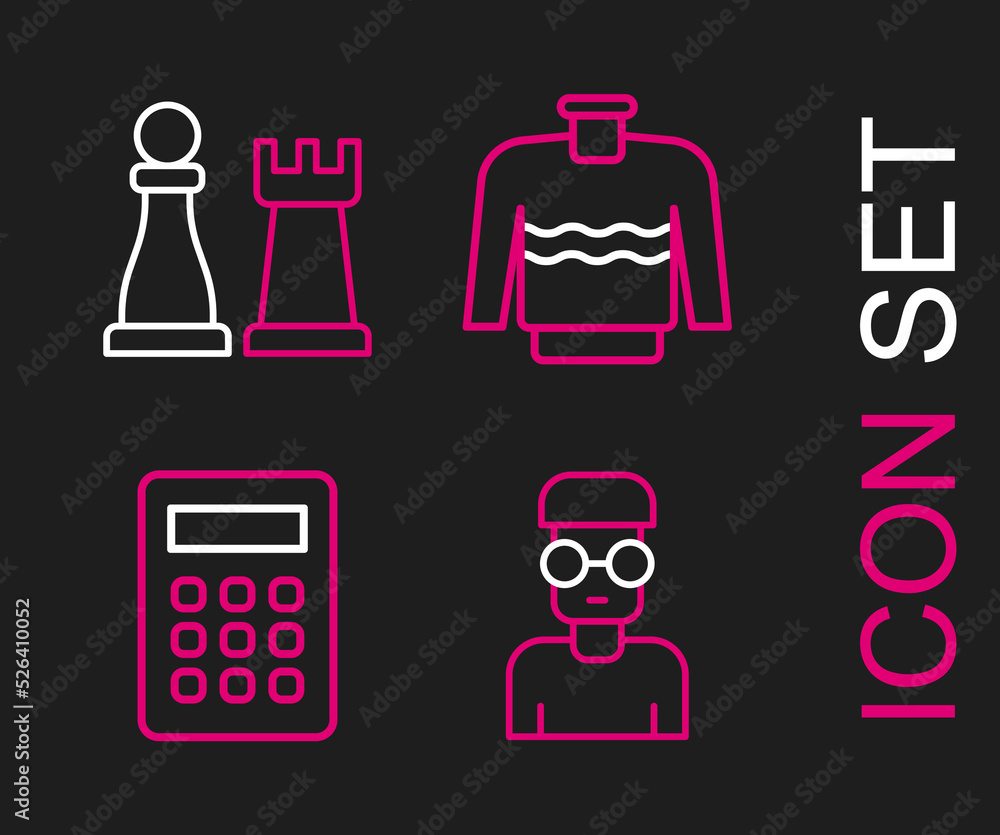 Aufkleber set line nerd geek, calculator, sweater and chess icon. vector