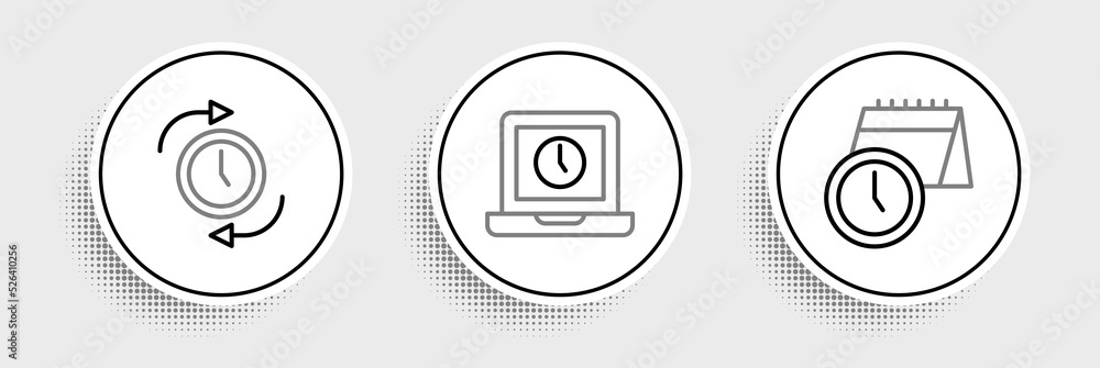 Poster set line calendar and clock, clock with arrow and laptop time icon. vector