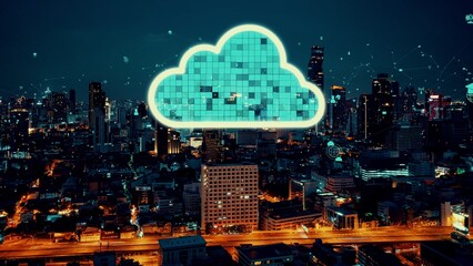 Cloud computing technology and online data storage for alteration data sharing . Computer connects to internet network server service for cloud data transfer shown in 3D futuristic graphic interface .