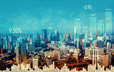 Financial graphs and digital indicators overlap with modernistic urban area, skyscrabber for stock market business concept. Double exposure.