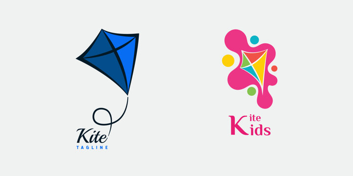Kite Flying Logo Design. With hand drawn style and pink, yellow, green, red, and blue colors. Simple, minimalist, premium, and luxury logo vector