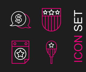 Set line Balloons, Calendar with date July 4, Shield stars and Coin money dollar icon. Vector