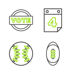 Set line American Football ball, Baseball, Calendar with date July 4 and Vote icon. Vector