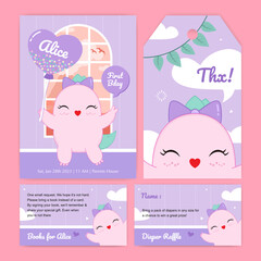 Baby girl dino birthday invitation set