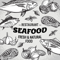 Vector hand drawn seafood restaurant illustration. Vintage style. Retro sketch background. Template