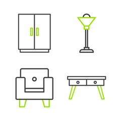 Set line Office desk, Armchair, Floor lamp and Wardrobe icon. Vector