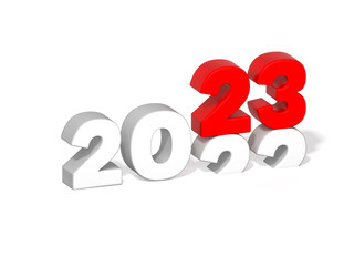 New Year 2023 and past Year 2022 on white background 3d rendering. 3d illustration red colored number celebration festival minimal creative design concept.