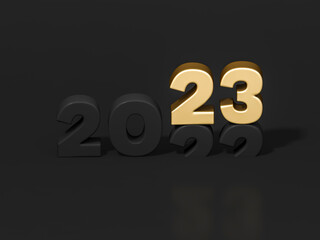 Luxury New Year 2023 and past Year 2022 on dark background 3d rendering. 3d illustration gold colored number celebration festival minimal creative design concept.