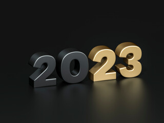 New Year 2023 black metallic and gold decoration Isolated object on dark background 3d rendering. 3d illustration luxury number celebration festival minimal creative design concept.