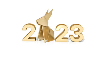 Origami gold bunny rabbit with 2023 number Isolated on white background 3d rendering. 3d illustration Chinese happy new year 2023. Year of the Rabbit.