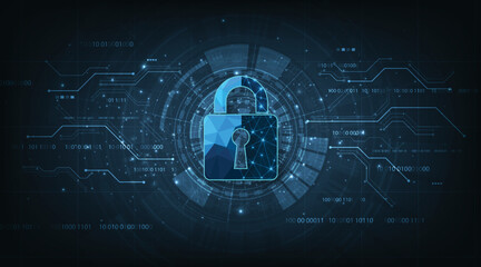 Virtual confidential, programming protection concept.Cyber security design.padlock lock on digital screen, 3d render padlock protection digital on hi tech blue future background.