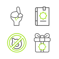 Set line Gift box, No pig, Holy book of Koran and Hands in praying position icon. Vector