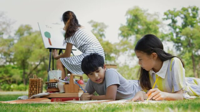 Diversity children enjoyed do outdoor activities together. Friendship