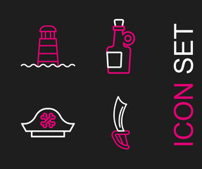 Fototapeta na wymiar Set line Pirate sword, hat, Alcohol drink Rum and Lighthouse icon. Vector