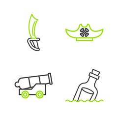 Set line Bottle with message in water, Cannon, Pirate hat and sword icon. Vector