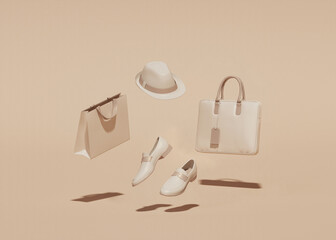 Stylish men accessories on beige and brown color background, floating objects. 3d rendering. Concept of shopping modern male accessories with business suit, hat, shoes, bag.