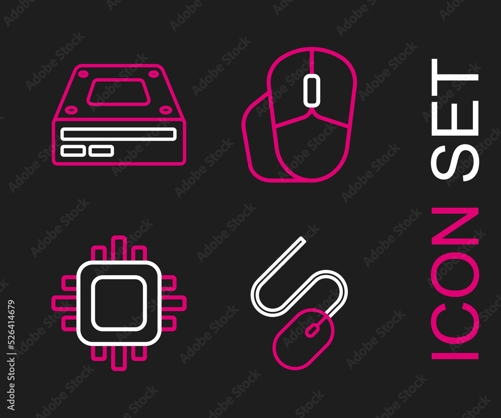 Poster set line computer mouse, processor with cpu, and optical disc drive icon. vector