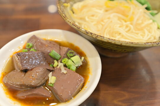 A bowl of Spicy Duck Blood Soup.