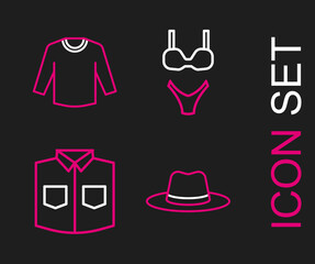 Set line Man hat, Shirt, Swimsuit and Sweater icon. Vector