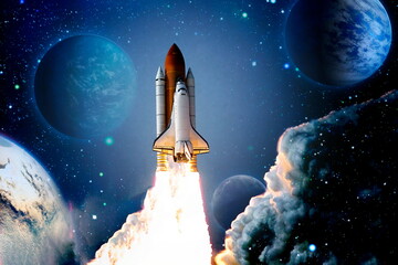 Space shuttle launch , Space with stars on background. Sky and clouds. Spaceship flight. Elements...