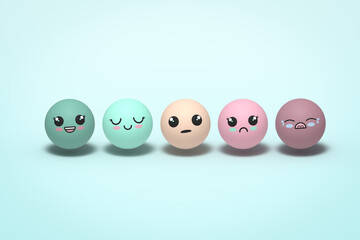 Feedback kawaii style emoji  or emoticon scale for rating happy smile neutral sad angry emotions. 3D illustration
