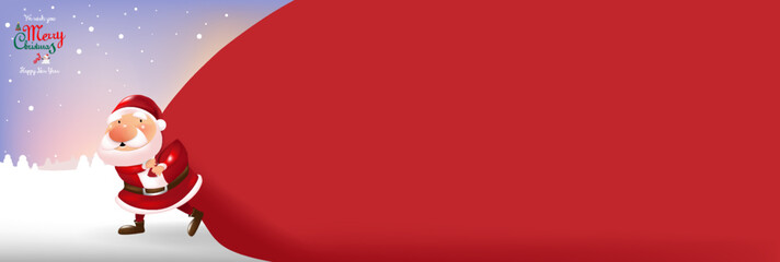 Santa Claus pulls a heavy red bag full of gifts on winter background Merry Christmas message