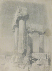 The Temple of Apollo in Corinth. Ruins of an ancient Greek temple. Vector drawing, freehand vintage illustration